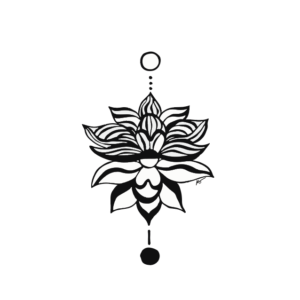 Art print for home decor of a black and white abstract line drawing of an image of a lotus flower and two geometrical circles above and below it.